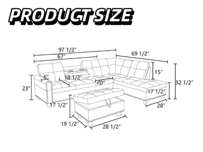 Trygoal L-Shaped Sectional Sofa with Movable Chaise & Storage Ottoman, Leather 3-Piece Modular Convertible Couches for Living Room, Apartment & Office, Black