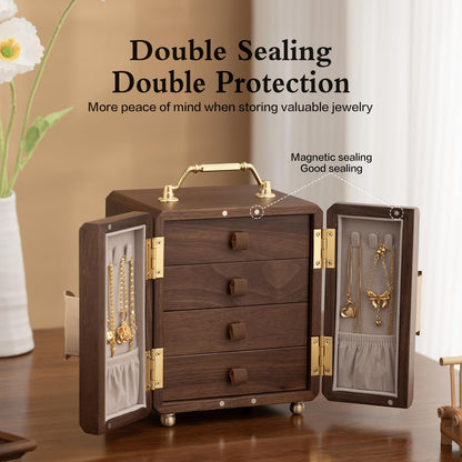 Black Walnut Wood Jewelry Organizer Box, 4-Layer Dustproof Storage ,Jewelry Case for Rings, Earrings & Necklaces – Ideal Gift for Anniversaries, Weddings, Birthdays, Mother’s Day & Valentine’s Day