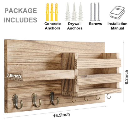 Lwenki Mail Organizer for Wall Mount – Key Holder with Shelf Includes Letter Holder and Hooks for Coats, Dog Leashes – Rustic Wood with Flush Mounting Hardware (16.5” x 8.7” x 3.5”) (Wood)