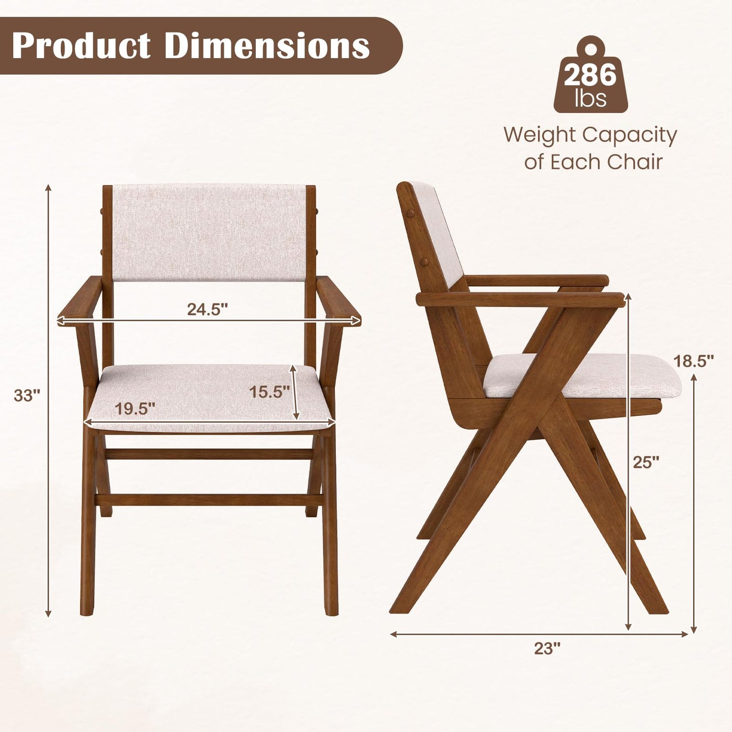 Giantex Wooden Dining Chairs Set of 2, Linen Fabric Upholstered Kitchen Chairs w/Armrests, Rubber Wood Frame, Padded Seat & Back, Farmhouse Side Chairs, Accent Chairs for Living Room Restaurant