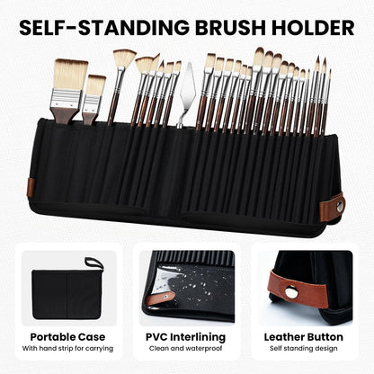 Drawnby 26pcs Paint Brush Set, Professional Paintbrushes with Palette Knife & Self-Standing Case, Nylon Paint Brushes for Acrylic Paint, Oil, Watercolor, Art Supplies for Artists Beginners