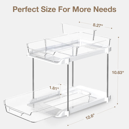 Delamu 2-Tier Multi-Purpose Bathroom Under Sink Organizers and Storage, Stackable Kitchen Pantry Organization, Pull Out Medicine Cabinet Organizer with Movable Dividers, White, 2 Pack