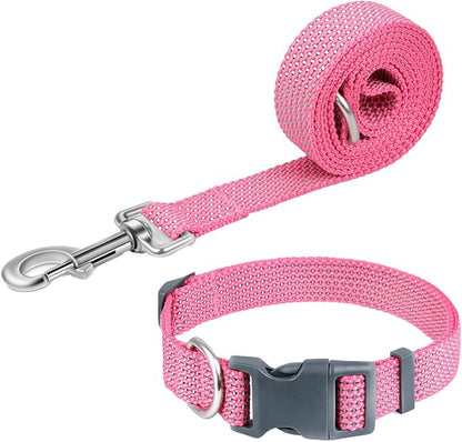 Reflective Dog Collar and Leash Set, Nylon Dog Leash with Heavy-Duty Steel D-Ring, Adjustable with Quick Release Buckle for Small Dogs, Pink S