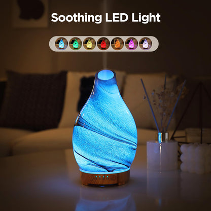 Essential Oil Diffuser Hand Blown Glass Aromatherapy Diffuser - Ultrasonic Cool Mist Scent Aroma Diffuser, Whisper Quiet with Auto Shut-Off, Timer Setting &7 Colors Night Light for Home