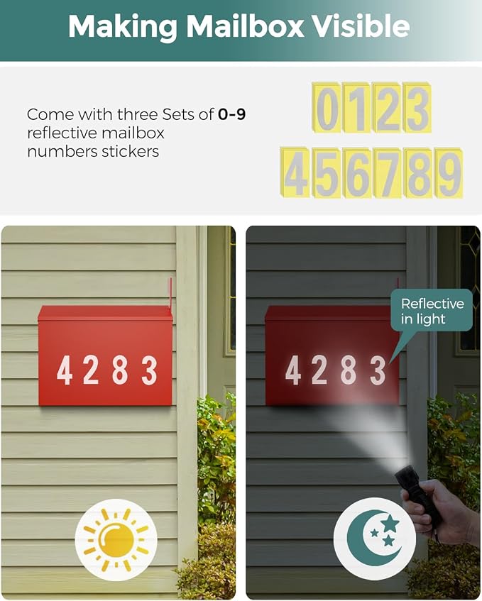 LAND·VOI Wall-Mount Mailbox with One Flag Kit and Three Sets of 0-9 Mailbox Number Stickers, Mailboxes for Outside, Galvanized Steel Rust-Proof Metal Post Box, 4.33" Dx14.2 Wx10.43 H, Red