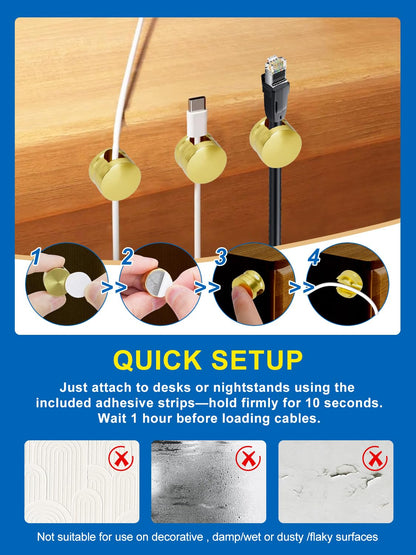 Kofuyni 3 Pack Upgraded Cord Management Clips with Extra-Large Adhesive Base, Stronger Hold Phone Charger Holder for Nightstand, Premium Aluminum Gold Sticky USB Wire Organizer Cable Clips for Desk
