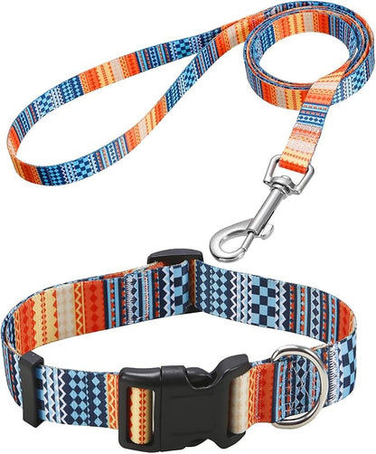 Mihqy Dog Collar and Leash Set with Bohemia Floral Tribal Geometric Patterns - Soft Ethnic Style Collar Adjustable for Small Medium Large Dogs(Bohemian Orange Set,S)