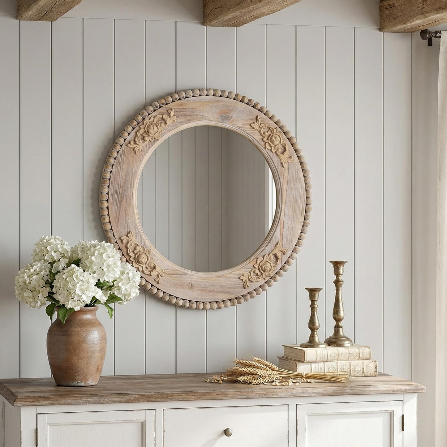 sawsile Round Wood Mirror,24 inch Circle Rustic Farmhouse Natural Wooden Frame Boho Beads Wall Mirror for Bathroom,Living Room,Bedroom or Entryway