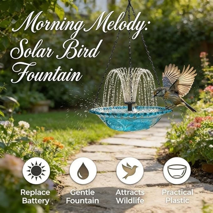 Hanging Solar Bird Bath Fountain with Water Pump, Plastic Basin, 4 Nozzles, Sturdy Metal Chains, Outdoor Garden Decor (Can Spray Water, Pink)