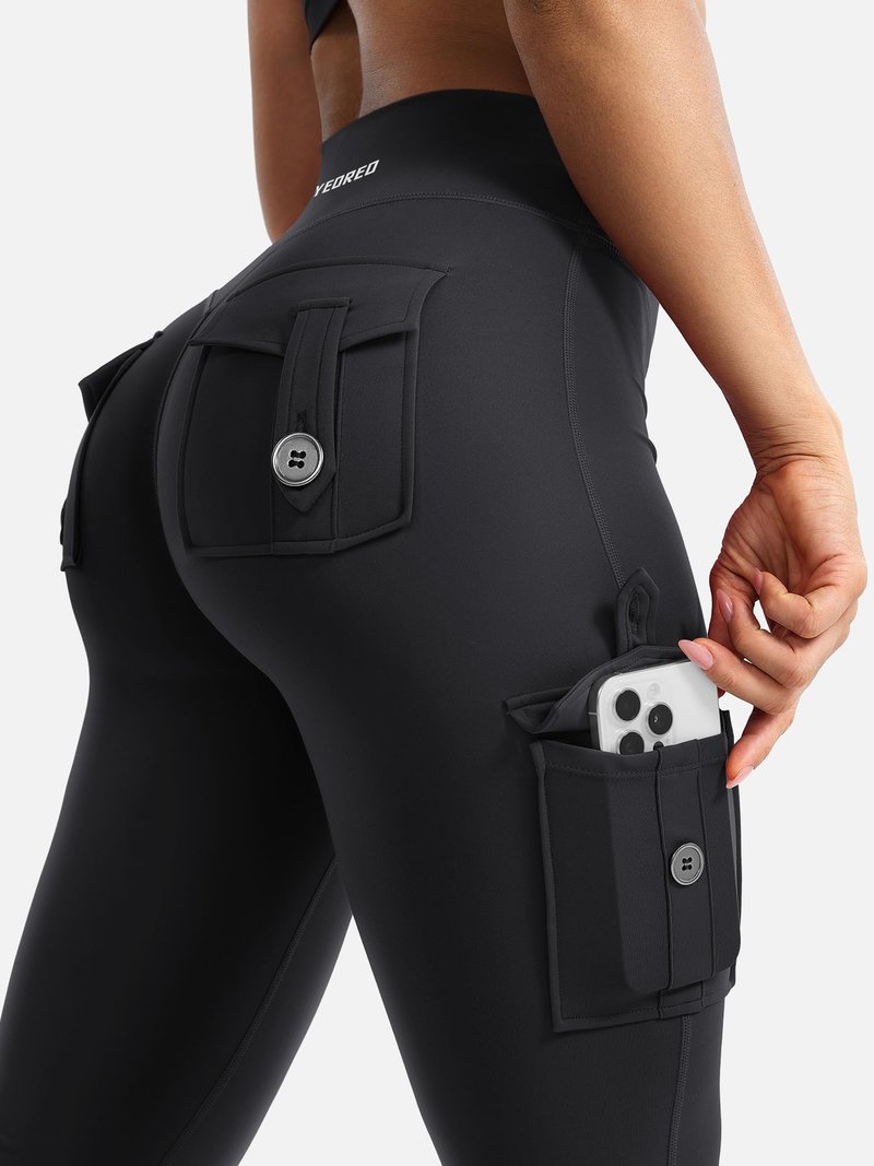 YEOREO CoreFlex Women Workout Flare Leggings with Pockets Hidden Scrunch Cargo Gym Yoga No Front Seam Leggings Black XS