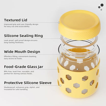 Overnight Oats Containers with Lids and Silicone Sleeve, 6 Pack Wide-Mouth Glass Food Storage Jars, 16oz Mason Jar Style Containers Perfect for Yogurt, Oatmeal, Fruit, Snacks and Meal Prep