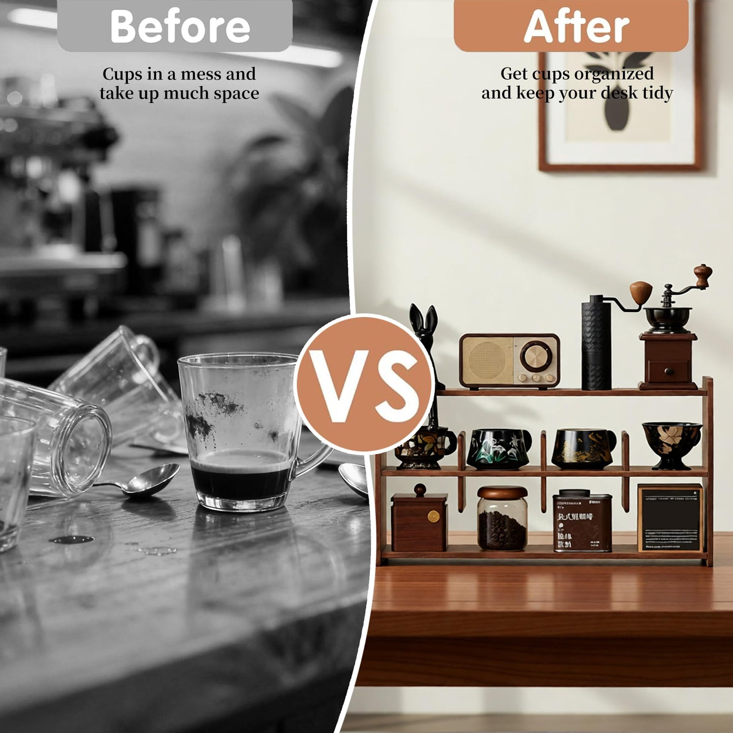 KAOTGOT Coffee Cup Holder for Countertop Walnut Wood Coffee Mugs Holder for Kitchen Mug Display Rack (3-Tier Walnut wood A)