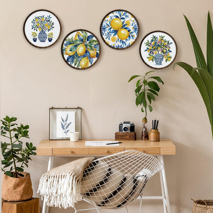 BIWSHA Italian Lemon Amalfi Coast Wall Art Decor, Mediterranean Lemon Botanical Coastal Beach Round Wooden Wall Hanging Decor for Kitchen Home Bedroom Living Room, 10 Inch Diameter Set of 4