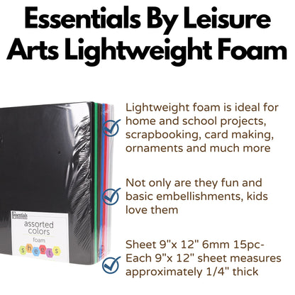 Essentials by Leisure Arts Foam Sheets 9 x 12 Assorted, 15mm, 15 Pc - Craft Foam for Kids, DIY Art Projects, Green Craft Sheets for Crafts, Classrooms, and Decorations