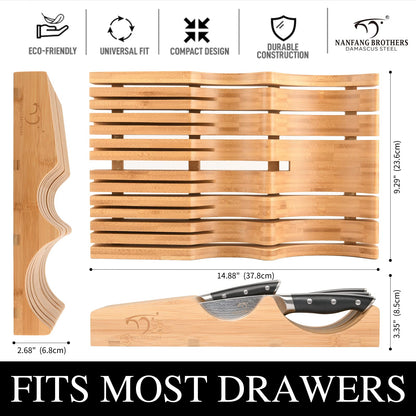 Kitchen Damascus Knife Set, 15 Pieces Kitchen Knife Set with Block, ABS Ergonomic Handle for Chef Knife Set, Knife Sharpener, Kitchen Shears, Natural Wooden Block and Bamboo Drawer Organizer, Gift Box