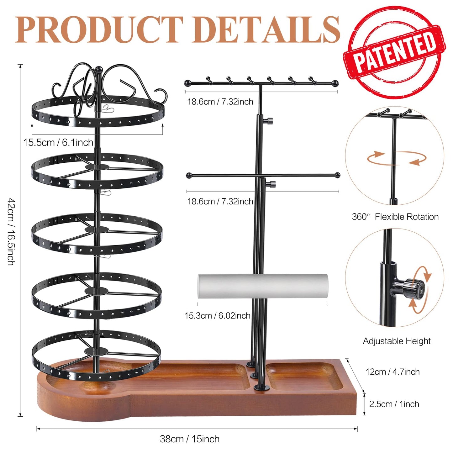 KALYLOC Jewelry Earring Holder Organizer, Adjustable 5 Tiers Rotating Earring Holder 3 Tier Necklace Holder with Wooden Base, Multi-Functional Jewelry Organizer Display Stand for Studs Bracelet Women
