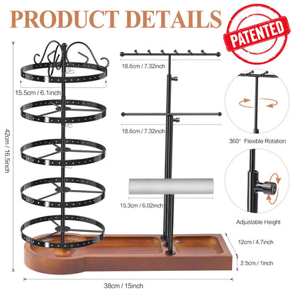 KALYLOC Jewelry Earring Holder Organizer, Adjustable 5 Tiers Rotating Earring Holder 3 Tier Necklace Holder with Wooden Base, Multi-Functional Jewelry Organizer Display Stand for Studs Bracelet Women