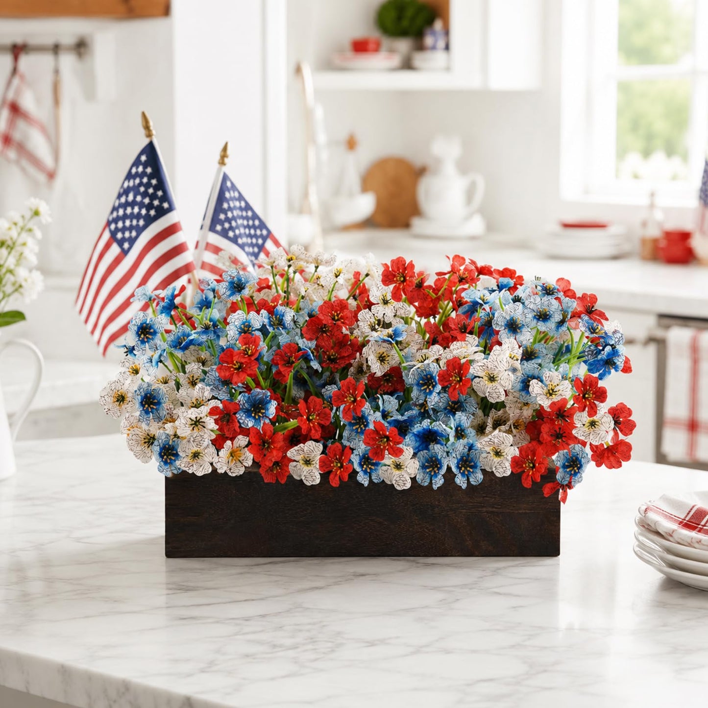 Red Wihte and Blue Flower Centerpieces for Table, 4th of July Artificial Flower Decorations 18Pcs UV Resistant Faux Violet Bouquet with Wooden Tray Patriotic Indoor Home Decor Living Room Kitchen