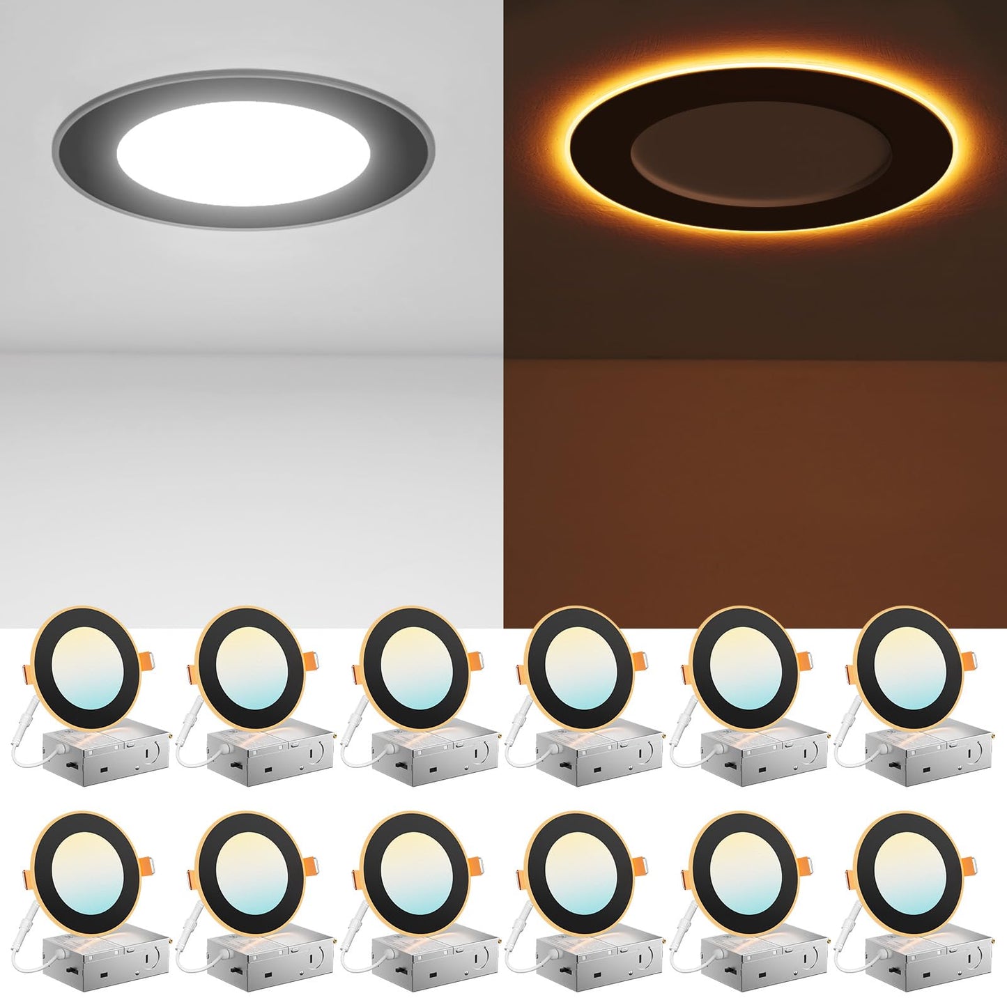 Amico 12 Pack 6 Inch 5CCT LED Recessed Ceiling Light with Night Light, 2700K/3000K/3500K/4000K/5000K Selectable Ultra-Thin Lighting, 12W=110W, 1100LM, Dimmable Canless Wafer Downlight ETL&FCC