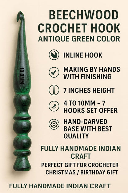 Handmade Ergonomic Wooden Crochet Hooks for Arthritic Hands (Set of 7) Needles for Yarn Accessories | Size 4 mm to 10 mm with Engraved | Yarn Tool (Green)
