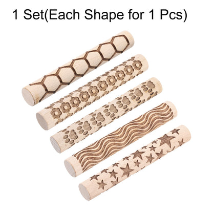 HARFINGTON 5pcs Wood Clay Roller 4"Lines Flower Paw Print Hexagon Star Pattern Rolling Pins Pottery Tools Wood Grain Texture Rollers for Clay Baking Dough Playdough DIY