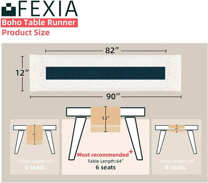 FEXIA Boho Blue Table Runner 90 Inches Long with Tassels Macrame Farmhouse Summer Style Graduation Party Rustic Wedding Baby Shower Dining Kitchen Living Room Decor (12x90 Inches)