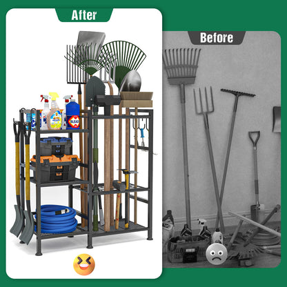 keomaisyto Garden Tool Organizer for Garage Organization, 3 Tier Yard Tool Storage Rack with 35 Long-Handled Tool Slots, Heavy Duty Garden Tool Holder with Large Hooks for Shed, Yard, Garage