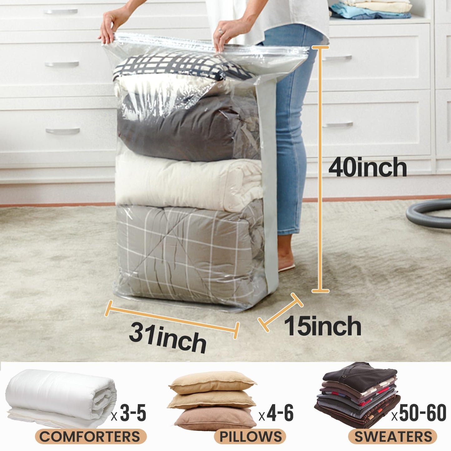 TAILI Vacuum Storage Bags 4 Pack, Jumbo Cube (31x40x15 Inch), Extra Large Vacuum Seal Bags for Clothing, Comforters, Blankets, Bedding, Sweater, Closet Organizers, Space Saving, Cream