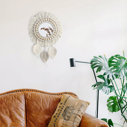 Artilady Macrame Hanging Wall Mirror - Boho Fringe Round Handmade Decorative Acrylic Mirror for Apartment Living Room Bedroom Baby Nursery Home Decor (Leaf)