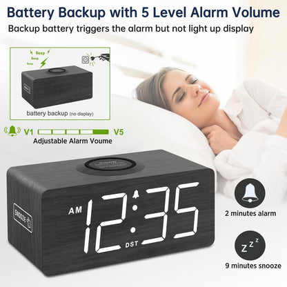 DreamSky Wooden Digital Alarm Clock with Wireless Charging for Bedroom, Bedside Nightstand Clock with Charger Station, USB Port, Large Numbers, Adjustable Volume, Brightness Dimmer, DST