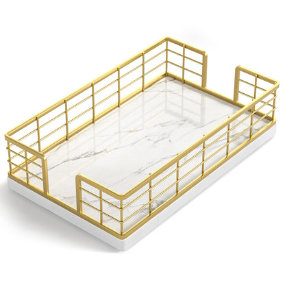 Wican Marble Guest Towel Holder Tray for Bathroom, Napkins Holder for Powder Room Dinning Table Wooden Basket for Disposable Paper Hand Towels Gold and Marble White