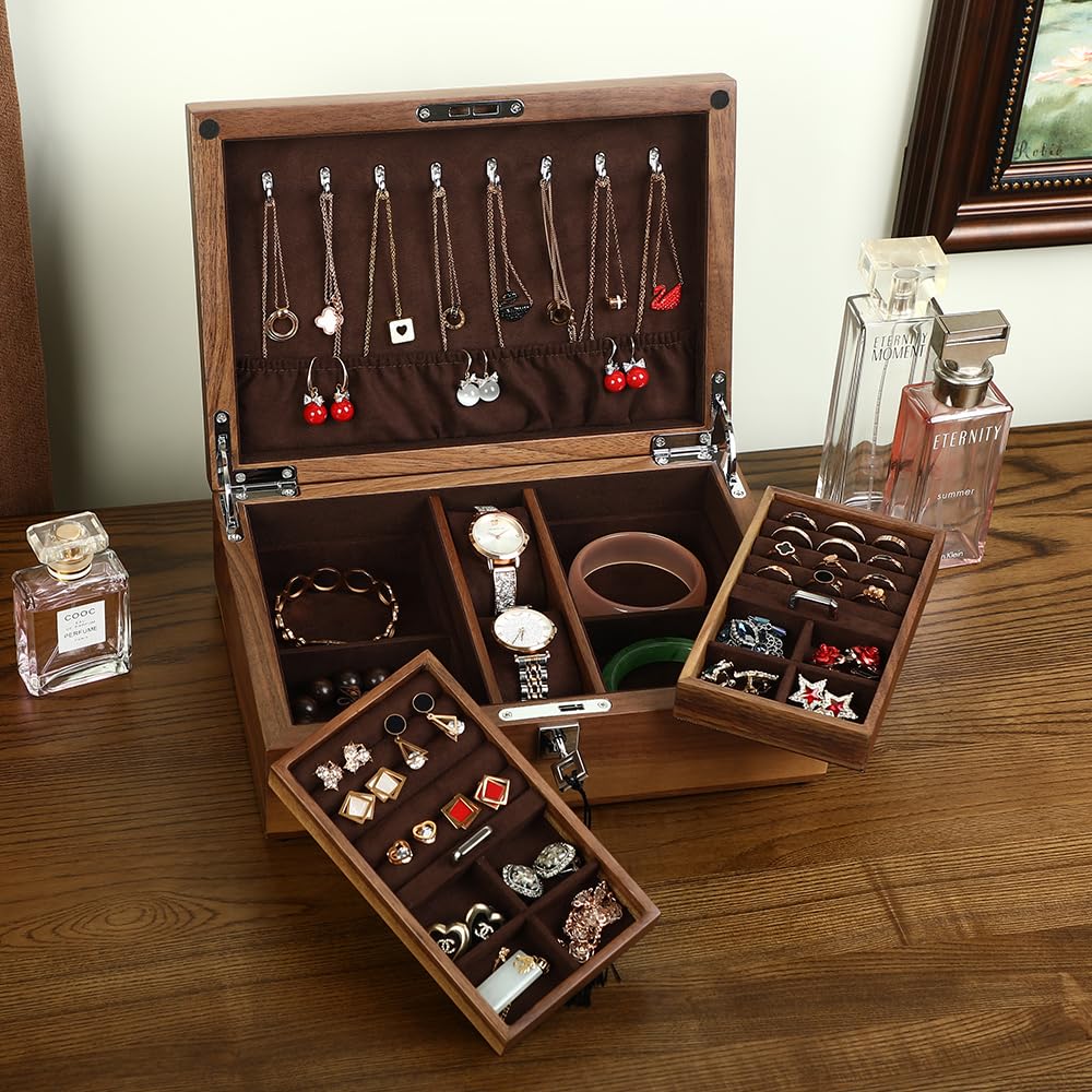 LIBOLXSP Black Walnut Jewelry Box with Privacy Lock Solid Wood Jewelry Organizer with Premium Velvet Lining Mid-Sized Keepsake Valet Box for Watches Rings Necklaces Cufflinks Unisex Gift for Men Women