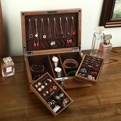 LIBOLXSP Black Walnut Jewelry Box with Privacy Lock Solid Wood Jewelry Organizer with Premium Velvet Lining Mid-Sized Keepsake Valet Box for Watches Rings Necklaces Cufflinks Unisex Gift for Men Women