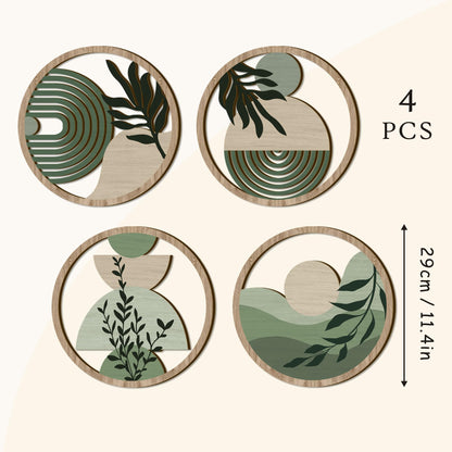TOARTi 4 Pieces Green Botanical Wooden Wall Art Bohemian Hanging Art Farmhouse Geometric Wooden Wall Decor Aesthetic Tropical Plant Artwork Boho Minimalist Wall Decor for Bedroom Living Room