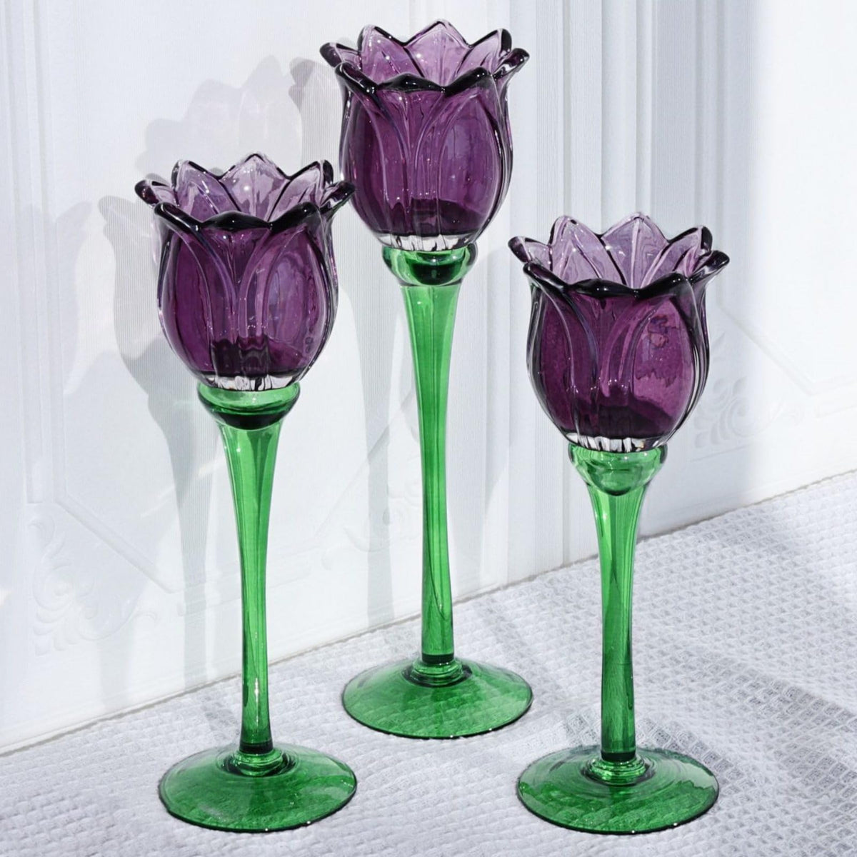 VOHO Purple Tulip Tealight Candle Holder Set of 3, Glass, Purple, Floral, Holidays, Wedding, Romance, Easter, Halloween, Thanksgiving, Christmas, Anniversary & Engagement, Tabletop, 3.15'' x 10.83''
