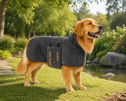Dog Towel Dog Bathrobe, Microfiber Super Absorbent Pet, Quick Drying Robe for After Bath, Adjustable Collar & Belly Strap Pet Cat Bath Robe Towel Grey-XL
