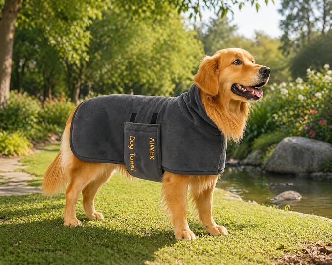 Dog Towel Dog Bathrobe, Microfiber Super Absorbent Pet, Quick Drying Robe for After Bath, Adjustable Collar & Belly Strap Pet Cat Bath Robe Towel Grey-2XL