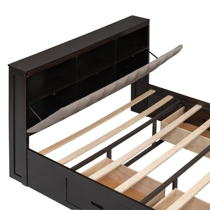 GDFStudio Boden Queen Size Upholstered Headboard, Queen Size Platform Bed with Storage Headboard, Wooden Bed Frame with Shoe Rack and Organizer Drawer, Ample Storage Shelves and 4 Drawers, Espresso
