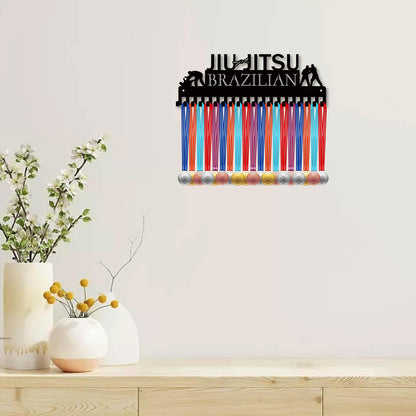 CREATCABIN Jiu Jitsu Brazilian Medal Holder Competition Medal Hanger Display Rack Sports Metal Hanging Athlete Awards Iron Wall Mount Decor with 20 Hooks for Race Medalist Ribbon Black 15.7x5.4in