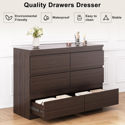 Jocoevol Modern 6 Drawer Dresser - Simply Chest of Drawers for Bedroom, Closet, Living Room, Hallway, Entryway, Wood Storage Double Dresser with Smooth Metal Rails - Retro Brown