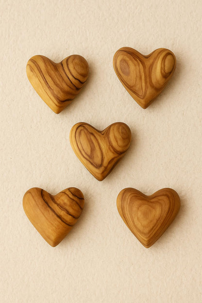 Zuluf Set of 5 Mini Olive Wood Hearts 1.25" Very Small Hand Carved Wooden Fidget Heart Keepsake Wedding Guest Book Favor Valentine Day Gift Pocket Hug Sympathy Memorial Craft Decor Made in Bethlehem