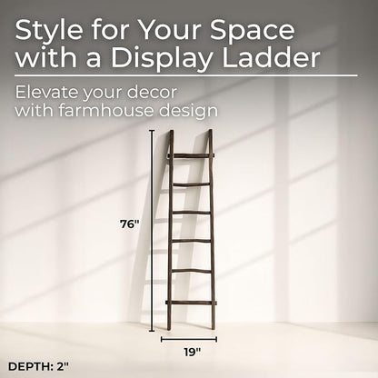 Decorative Vertical Ladder with Towel Rack Design for Blankets - Slim Storage Stand with Hooks for Bedroom or Living Room - Classic Textile Display Accent for Home Decor Ladder - 76", Black