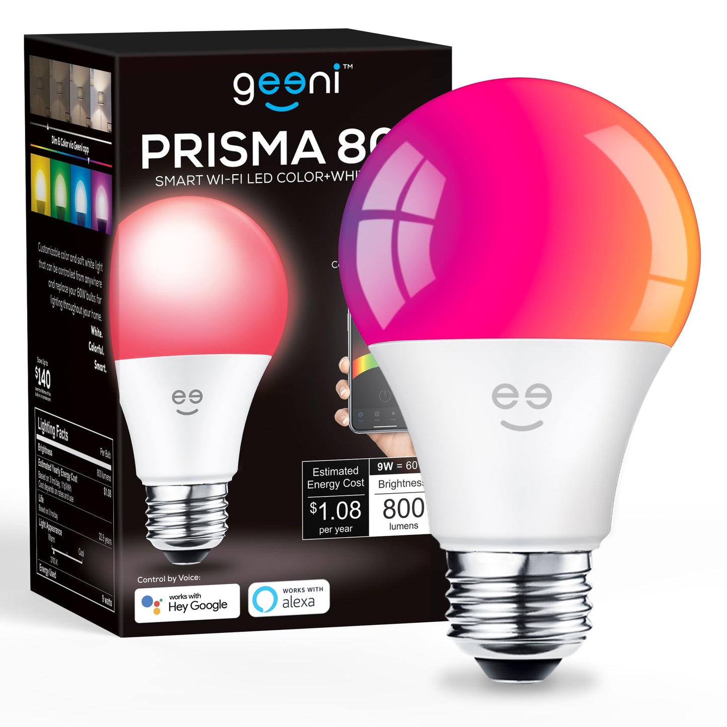 Geeni Prisma Smart Light Bulbs 2-Pack, Color Changing RGBW LED, A19, 800 Lumens, 60W Equivalent, Dimmable, 2700K, Works with Alexa & Google Home