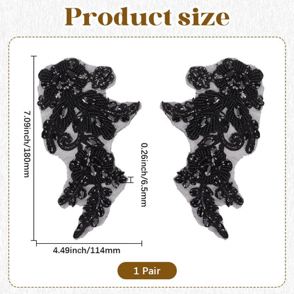 CABODYALS 2Pcs Black Floral Rhinestone Applique Handmade 3D Flower Pearl Beaded Lace Trim Appliques Crystal Bead Embroidery Sew on Tulle Pathes for Sewing Making Dresses Bridal Wedding Gowns Clothes