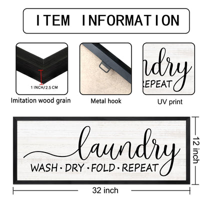 Wash Dry Fold Repeat Wooden Sign Framed Wall Art, Horizontal Motivational Laundry Room Quote Wood Plaque above the Bathtub, 32''×12'' Farmhouse Long Saying Wood Sign Wall Decor for Washing Room