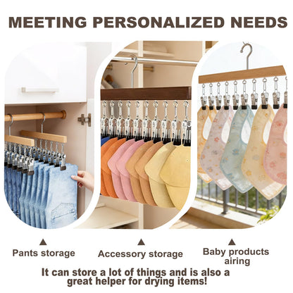 Shgxjjnb Wooden Rotating Pants Hanger, Closet Organizer with 12 Clips, Space Saving Hanging Clothes Legging Wardrobe Organizer for Jeans, Hats, Shorts, Socks (Brown+Nature, 2Pack)