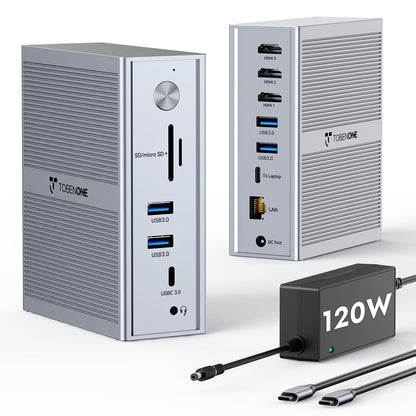 TobenONE USB C Laptop Docking Station 3 Monitors, Triple 4K DisplayLink Dock with 120W Power Adapter, for MacBook M1-M5/Mac mini/Windows, 3X HDMI, 5X USB, Gigabit Ethernet, Driver Required