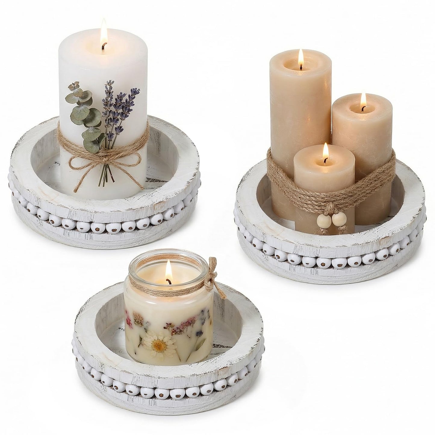 Candle Holder for Pillar Candles Set of 3 Farmhouse Wood Candle Holders Rustic Wooden Candle-Stand Decorative Wood Candlestick Holdersfor Living Room, Table Centerpiece Dining Fireplace(White)
