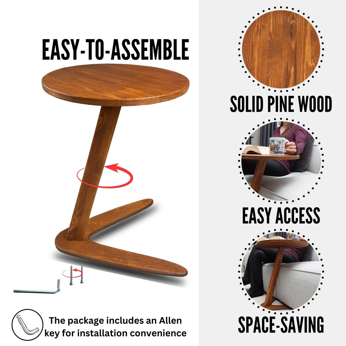GENESIS WOODESIGN C-Shaped Handmade Solid Wood End Table, Side Table for Couches, Sofa Tables Slide Under Couch for Living Room, Over Couch TV Tray Table for Small Spaces (Medium, Chestnut)