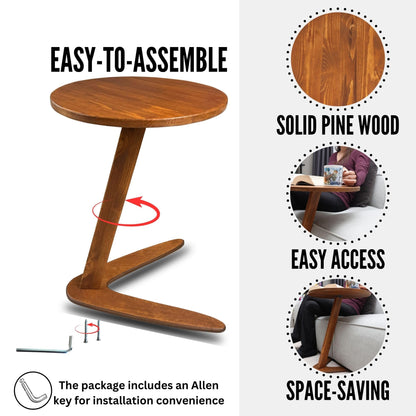 GENESIS WOODESIGN C-Shaped Handmade Solid Wood End Table, Side Table for Couches, Sofa Tables Slide Under Couch for Living Room, Over Couch TV Tray Table for Small Spaces (Medium, Chestnut)
